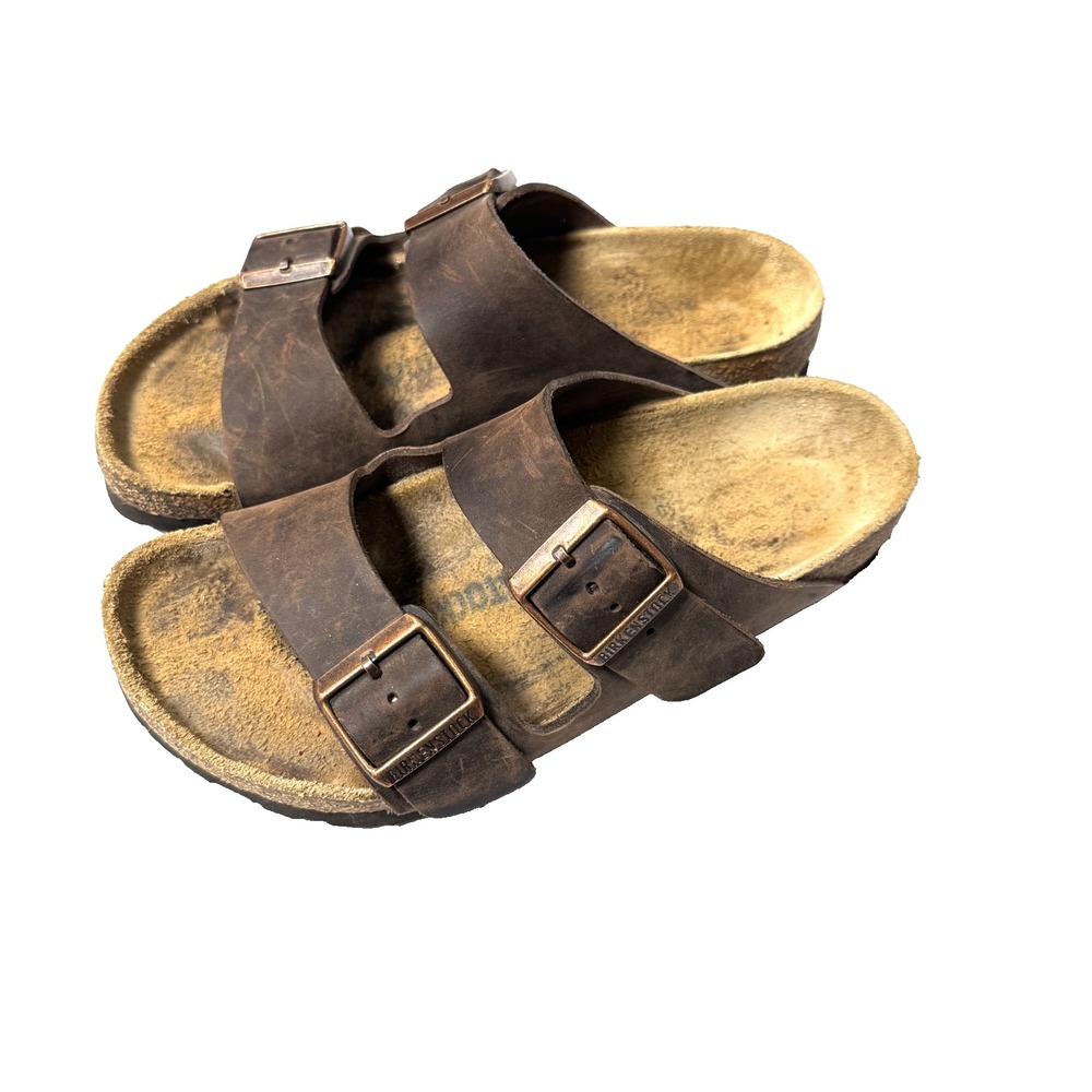 Birkenstock Arizona Sandals Womens US 6 EU 37 Brown Oiled Leather 2-Strap Slides